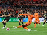 Netherlands' Noa Lang shoots at goal against Gibraltar in World Cup Qualifying in October 2021