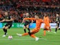 Netherlands' Noa Lang shoots at goal against Gibraltar in World Cup Qualifying in October 2021
