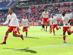 New York Red Bulls midfielder Cristian Casseres Jr (23) celebrates after scoring a goal in the first half against New York City FC at Red Bull Arena on October 17, 2021