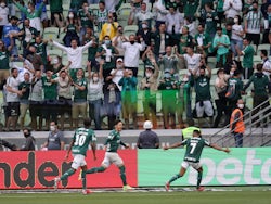 Palmeiras' Raphael Veiga celebrates scoring their first goal with Rony and Luiz Adriano on October 17, 2021