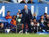 Everton manager Rafael Benitez gives instructions to his players on October 17, 2021