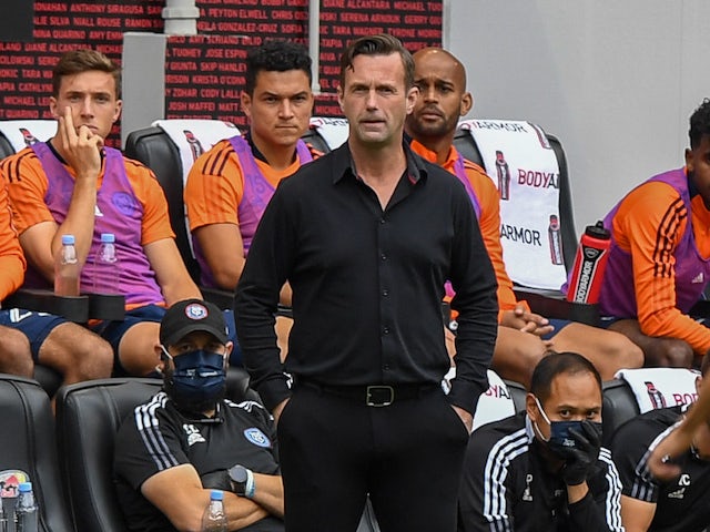New York City head coach Ronny Deila (hc) coaches in the match against the New York Red Bulls during the first half at Red Bull Arena on October 17, 2021