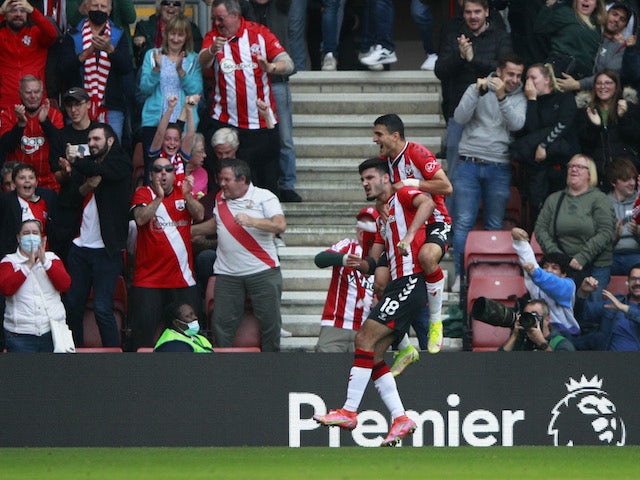 Southampton's Armando Broja celebrates scoring their first goal on October 16, 2021