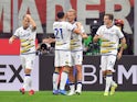 Hellas Verona's Antonin Barak celebrates scoring their second goal with teammates on October 16, 2021