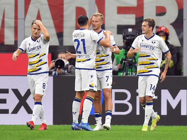 Hellas Verona's Antonin Barak celebrates scoring their second goal with teammates on October 16, 2021