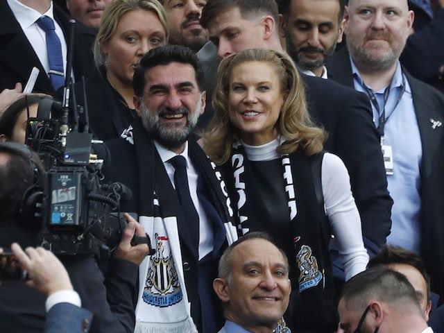 Newcastle United chairman Yasir Al-Rumayyan with part owner Amanda Staveley in the stands before the match on October 17, 2021
