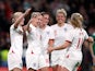England's Bethany Mead celebrates scoring their third goal against Northern Ireland in World Cup Qualifying on October 23, 2021