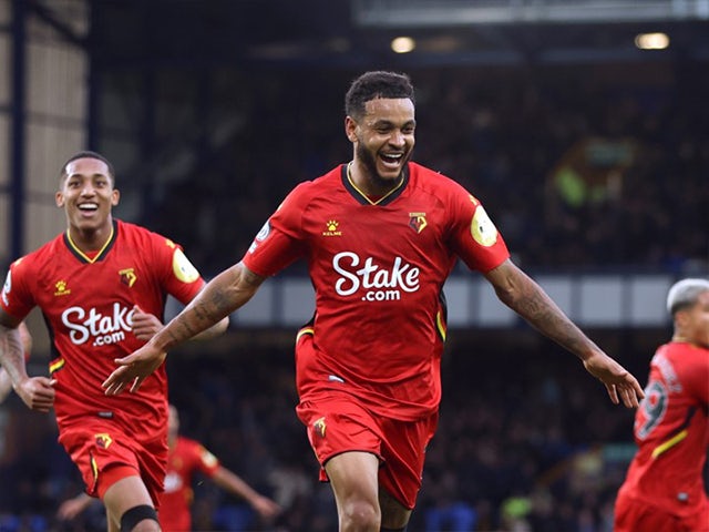 Watford's Joshua King celebrates scoring their fourth goal and his hat-trick against Everton on October 23, 2021