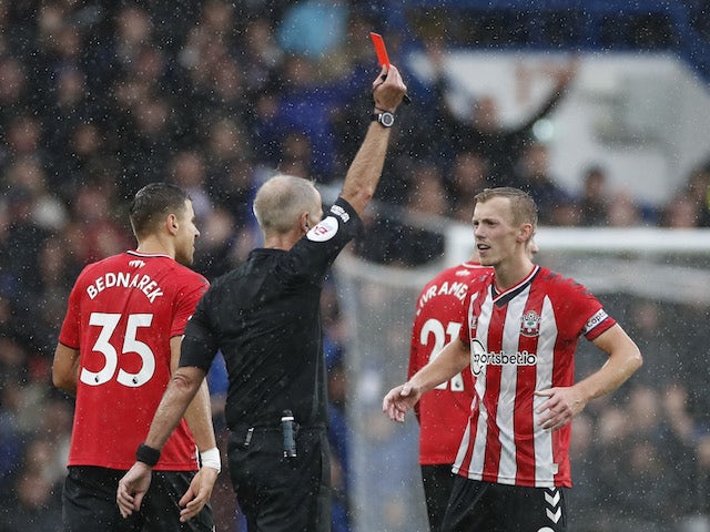 Southampton's James Ward-Prowse is shown a red card by referee Martin Atkinson after a VAR review