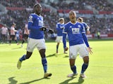 Leicester City's Youri Tielemans celebrates scoring their first goal with teammates on October 24, 2021