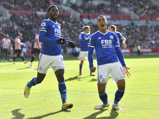 Leicester City's Youri Tielemans celebrates scoring their first goal with teammates on October 24, 2021