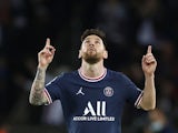 Paris Saint-Germain's (PSG) Lionel Messi celebrates scoring their third goal on October 19, 2021