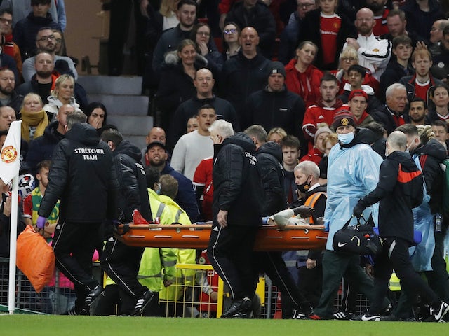 Liverpool's Naby Keita is taken off on a stretcher after sustaining an injury on October 24, 2021