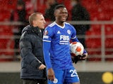 Leicester City's Patson Daka with the matchball after a hat trick at the end of the match against Spartak Moscow on October 20, 2021