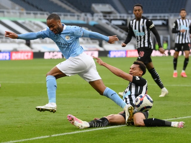 Newcastle United's Jacob Murphy in action with Manchester City's Raheem Sterling on May 14, 2021