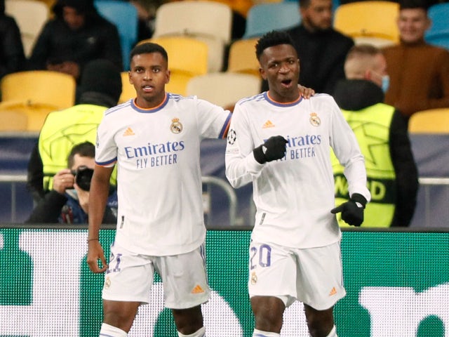 Real Madrid's Vinicius Junior celebrates scoring their second goal against Shakhtar Donetsk in the Champions League on October 19, 2021
