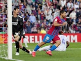 Barcelona's Sergio Aguero celebrates scoring against Real Madrid on October 24, 2021