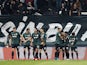 Sporting Lisbon's Pablo Sarabia celebrates scoring their third goal with teammates on October 19, 2021