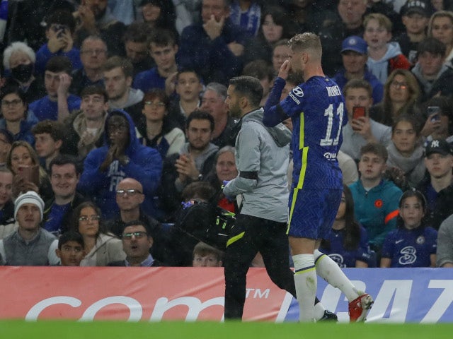 Chelsea forward Timo Werner walks off after suffering an injury against Malmo on October 20, 2021.