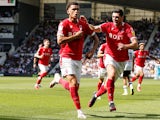 Nottingham Forest's Brennan Johnson celebrates scoring their first goal against Derby County with teammates on August 28, 2021