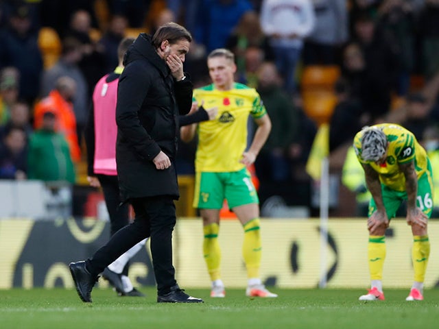  Norwich City manager Daniel Farke looks dejected after the match against Leeds United on October, 31
