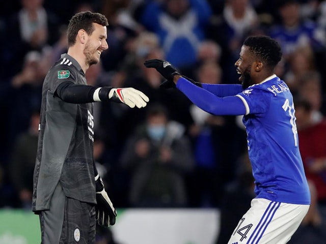  Leicester City's Danny Ward and Kelechi Iheanacho celebrate winning the penalty shootout on October 27, 2021