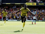 Watford's Ismaila Sarr celebrates scoring their second goal against Aston Villa on August 14, 2014