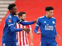 Leicester City's James Justin celebrates scoring their first goal with Wilfred Ndidi on January 9, 2021