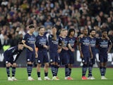 Manchester City players during the penalty shootout against West Ham United in the EFL Cup on October 27, 2021