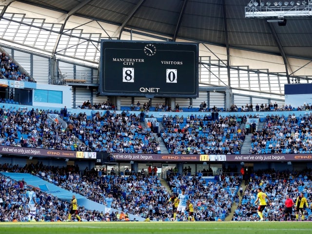 Scoreboard showing Manchester City winning 8-0 against Watford on September 21, 2019