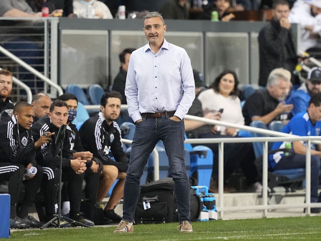 Vancouver Whitecaps head coach Vanni Sartini stands on the sideline during the first half against the San Jose Earthquakes at PayPal Park on Oct 28, 2021
