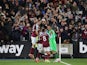 West Ham United celebrate after winning a penalty shootout against Manchester City in the EFL Cup on October 27, 2021