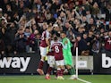 West Ham United celebrate after winning a penalty shootout against Manchester City in the EFL Cup on October 27, 2021