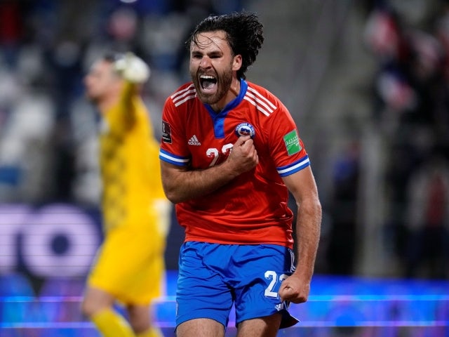 Chile's Ben Brereton Diaz celebrates scoring their first goal against Paraguay on October 11, 2021