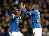 Rangers' Kemar Roofe celebrates scoring their second goal with Alfredo Morelos on October 21, 2021