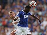 Leicester City's Wilfred Ndidi in action with Manchester City's Ferran Torres on September 11, 2021