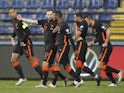 Netherlands players celebrate Memphis Depay's goal against Montenegro on November 13, 2021