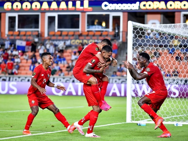 Panama players celebrate scoring against Qatar on July 13, 2021