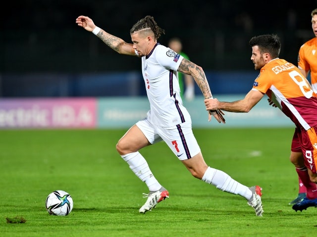 England's Kalvin Phillips in action with San Marino's Enrico Golinucci on November 15, 2021