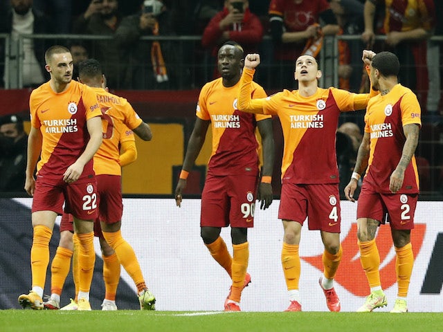 Galatasaray's Taylan Antalyali celebrates their second goal with teammates on November 25, 2021