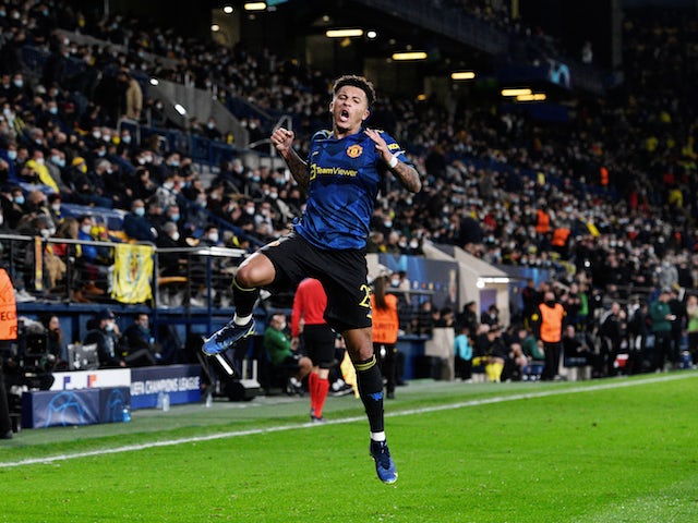 Manchester United's Jadon Sancho celebrates scoring against Villarreal in November 2021
