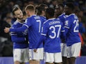 Leicester City's James Maddison celebrates scoring their second goal with teammates on November 25, 2021