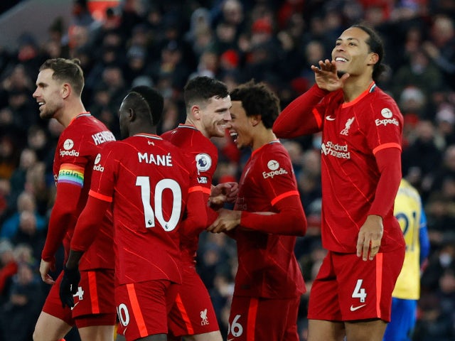 Liverpool's Virgil van Dijk celebrates scoring their fourth goal against Southampton in the Premier League on November 27, 2021