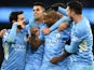 Manchester City's Fernandinho celebrates scoring their second goal with teammates on November 28, 2021