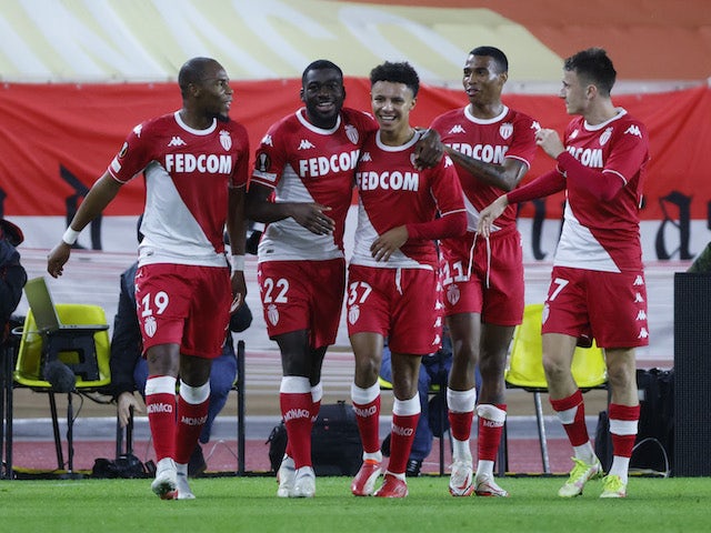 Monaco's Youssouf Fofana celebrates scoring their second goal with teammates on November 25, 2021