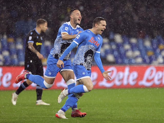Napoli's Piotr Zielinski celebrates scoring their first goal on November 28, 2021