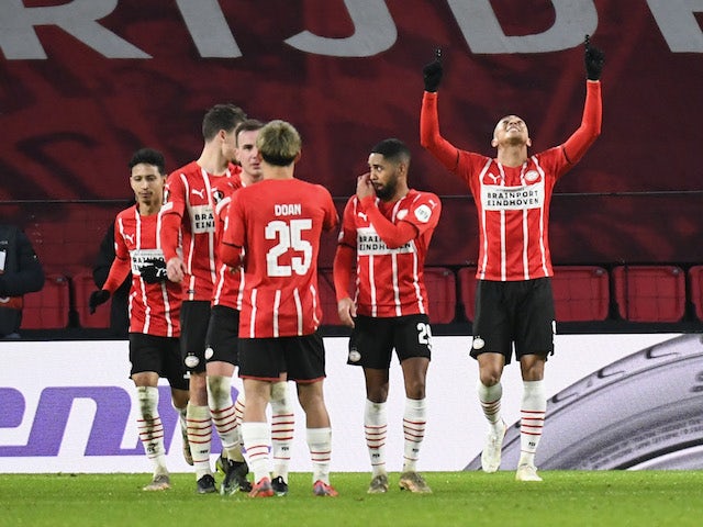 PSV Eindhoven's Carlos Vinicius celebrates scoring their first goal on November 25, 2021