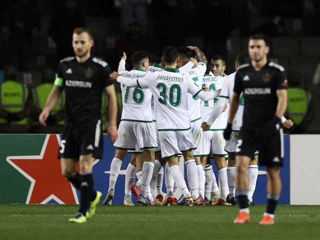 Omonia players celebrate their first goal scored by Michal Duris on November 25, 2021