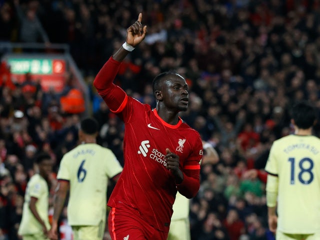 Sadio Mane celebrates scoring for Liverpool against Arsenal on November 20, 2021
