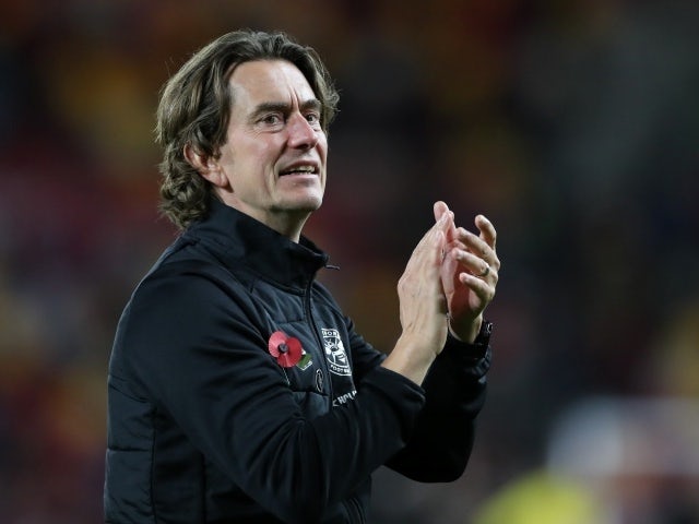 Brentford manager Thomas Frank welcomes fans after the match on 6 November 2021